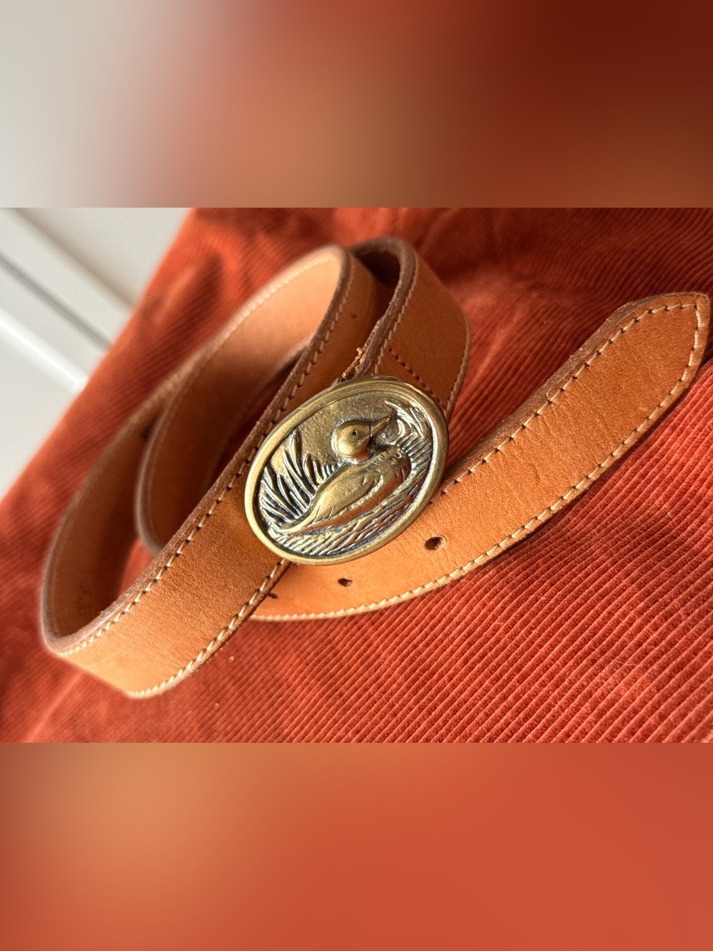 Vintage Northern Reflections Tan Leather Belt with Brass Duck Buckle - Medium